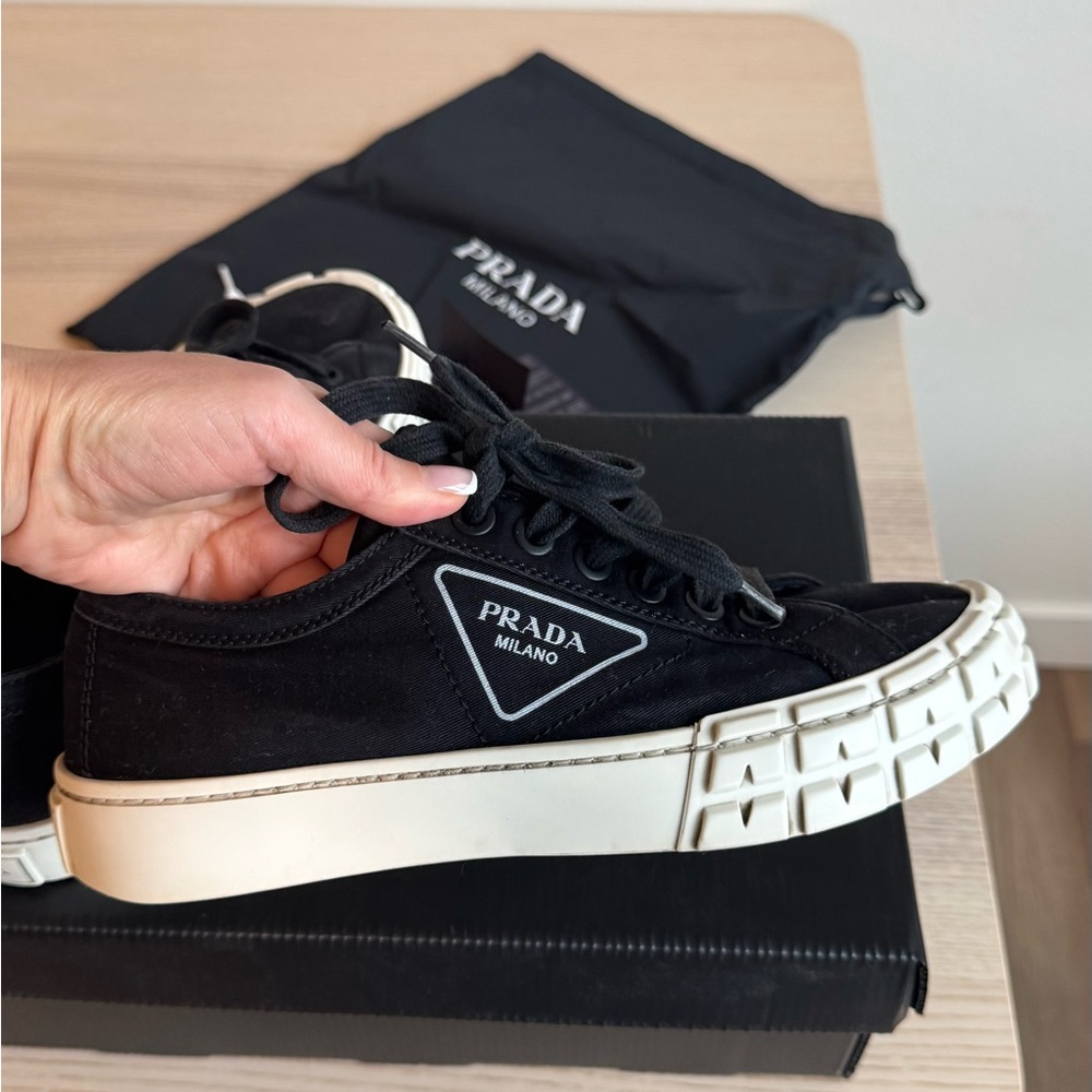 Prada Black Canvas Sneakers with White Sole - Picture 2 of 9